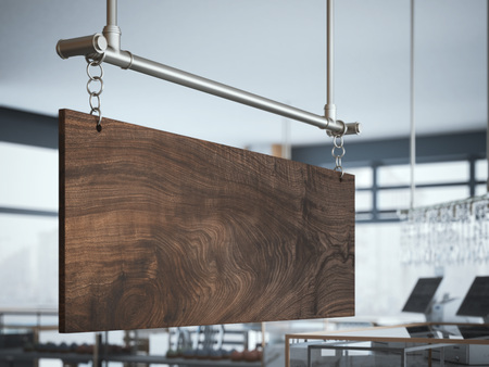 Wooden signboard hanging in modern cafe. 3d renderingの写真素材
