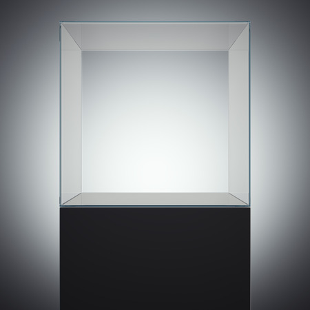 Empty glass cube on black podium. 3d renderingの写真素材