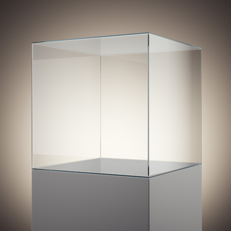 Empty glass cube on white podium. 3d renderingの写真素材