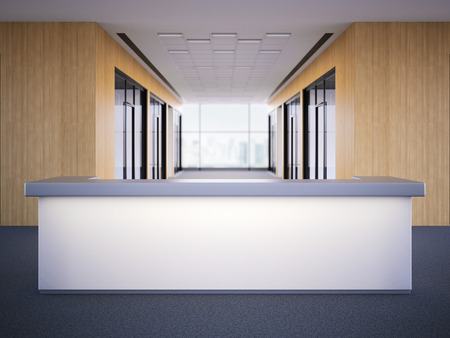 Office lobby with a lighting reception desk. 3d renderingの写真素材