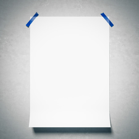 White paper sheet attached by  tape to the gray wall. 3d renderingの写真素材