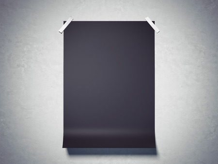 Black paper sheet attached by  tape to the gray wall. 3d renderingの写真素材
