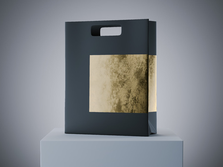 Black and gold shopping bag on white podium. 3d renderingの写真素材
