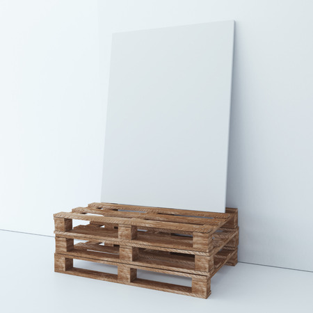 Vertical blank canvas on the wooden palletes. 3d renderingの写真素材