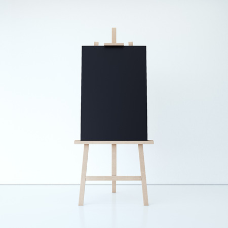 Wooden easel with empty black canvas in bright interior. 3d renderingの写真素材