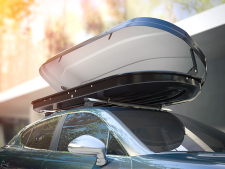 Opened roof rack and modern silver car in bright day. 3d renderingの写真素材