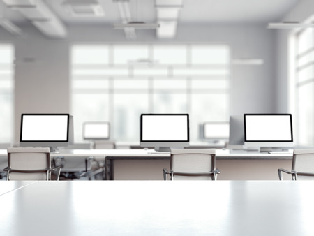 Coworking office interior with multiple blank computer screens. 3d renderingの写真素材