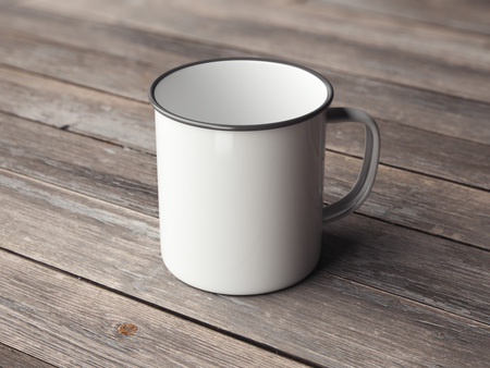 White blank enamel mug on wooden floor. 3d renderingの写真素材