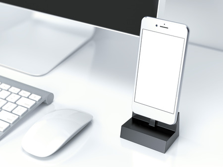 Office desk table with pc, keyboard and white smartphone. 3d renderingの写真素材