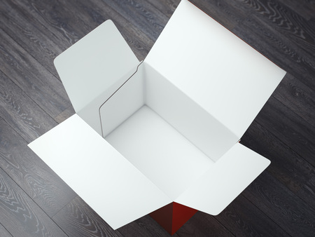 Opened carton box on a wooden flood. 3d rendering
