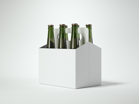 White blank beer packaging with green bottles on white floor. 3d renderingの写真素材