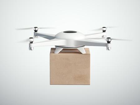 White quadrocopter carrying carton box on white. 3d renderingの写真素材
