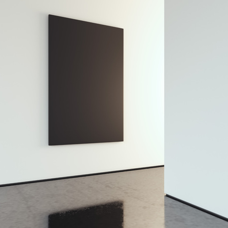 Black blank canvas on the bright wall in modern gallery interior. 3d rendering