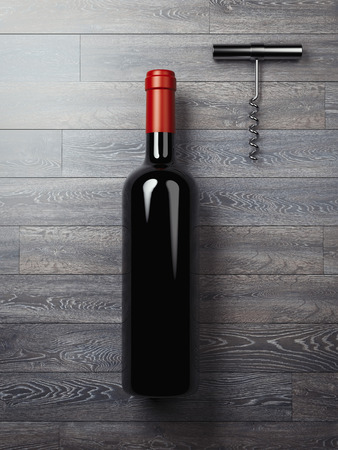 Wine and silver corkscrew on a wooden floor. 3d renderingの写真素材