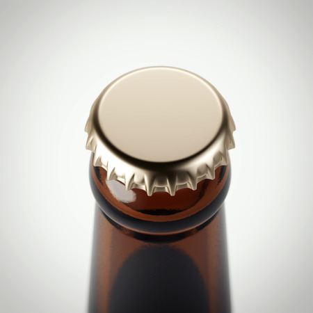 Golden cap on a brown beer bottle in bright studio. 3d renderingの写真素材