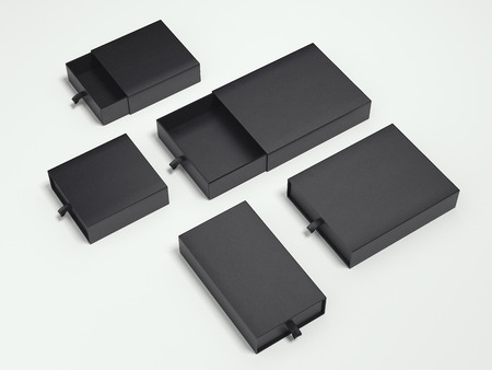 Opened black cardboard packages on white floor. 3d rendering