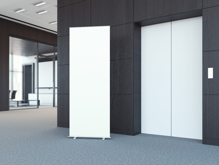 Blank roll up bunner in the modern office lobby with dark wooden walls. 3d renderingの写真素材