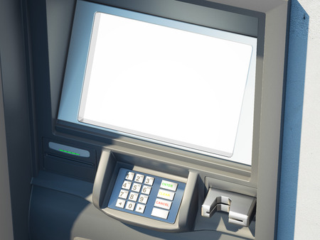 Dark cash machine with blank screen with stack of dollars on a bright wall. 3d renderingの写真素材