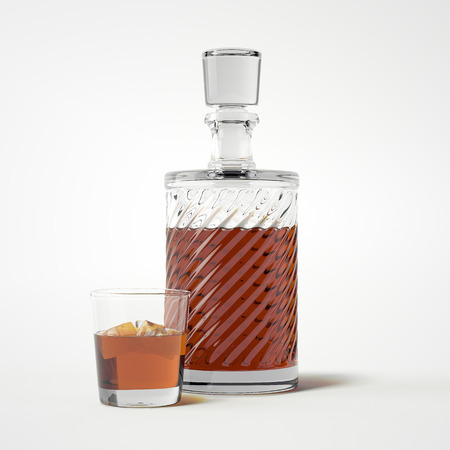 Luxury bottle and glass with ice in white studio. 3d renderingの写真素材