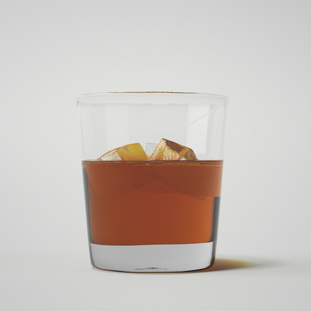 Glass of whiskey with ice in a bright studio. 3d renderingの写真素材