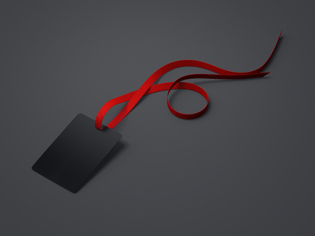 Black blank badge with neckband and red tape in bright studio. 3d renderingの写真素材