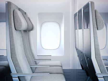 Gray clean airplane seats in the cabin. 3d renderingの写真素材