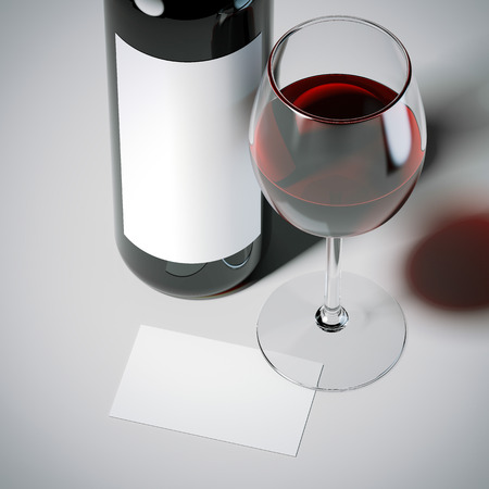 Business card with red wine bottle and glass. 3d renderingの写真素材