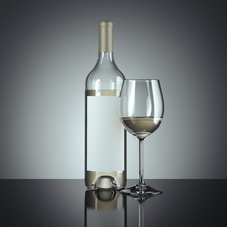 White wine bottle and glass. 3d renderingの写真素材