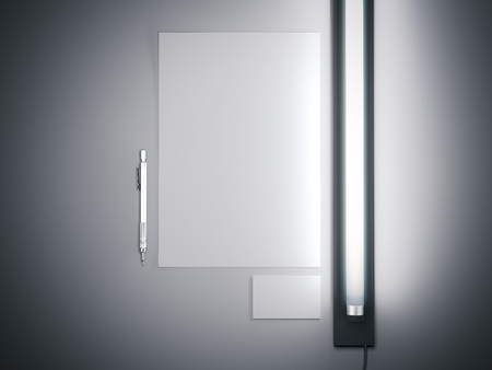 White branding mockup and fluorescent lamps in dark studio. 3d renderingの写真素材
