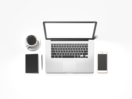 White office table with laptop, smartphone. 3d renderingの写真素材