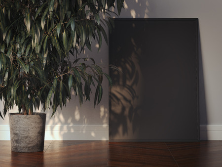 Black picture frame in a modern interior with tree. 3d renderingの写真素材