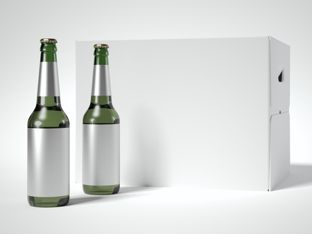 White blank beer packaging and two green bottles. 3d renderingの写真素材