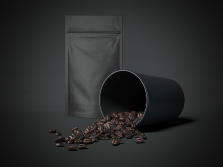 Coffee beans in a black cup and blank packaging recycled kraft paper bag. 3d renderingの写真素材