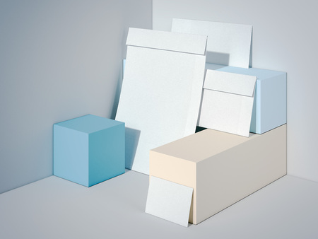 Branding mockup in modern studio with color boxes. 3d rendering