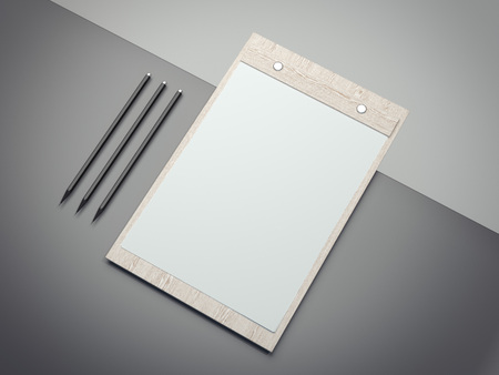 Wooden clipboard with blank paper sheets. 3d renderingの写真素材