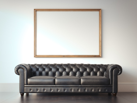 Bright interior with black sofa. 3d renderingの写真素材