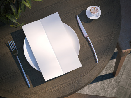 Dinner menu on plate at the wooden table. 3d renderingの写真素材