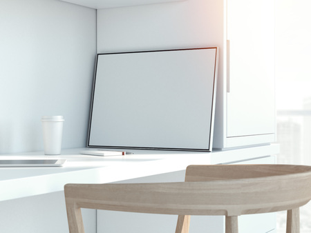 Modern white interior with blank picture frame. 3d renderingの写真素材