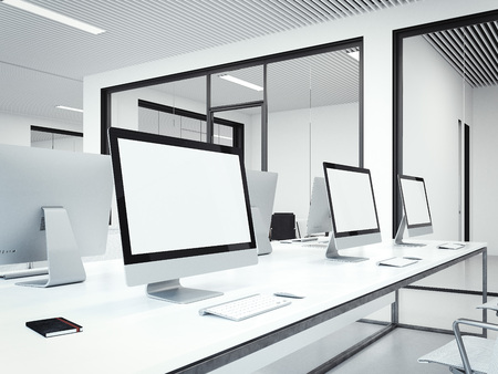 Workplaces in modern office interior. 3d renderingの写真素材