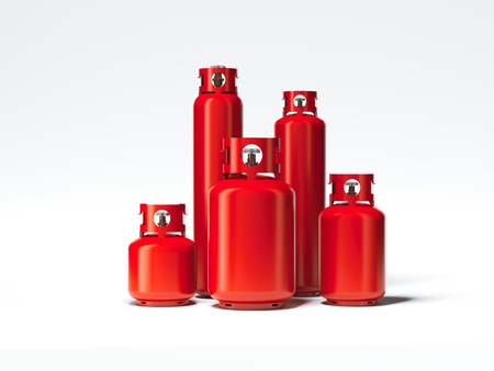 Red different types of gas bottles. 3d renderingの写真素材
