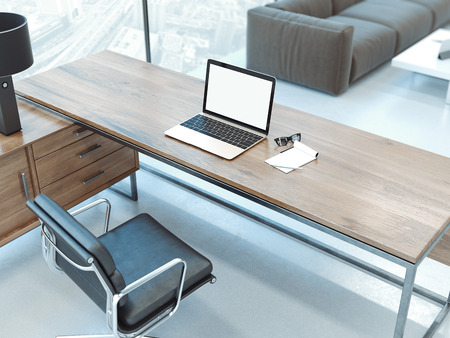 Office interior with blank computer monitor. 3d renderingの写真素材
