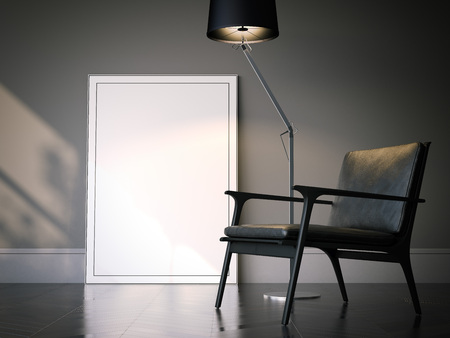 Blank white picture frame in classical interior. 3d renderingの写真素材