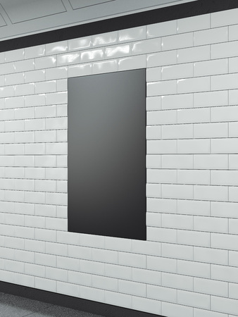 Vertical black banner on tiled wall. 3d renderingの写真素材