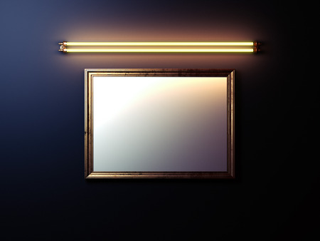 Blank picture frame with glowing lamp on the wall. 3d renderingの写真素材