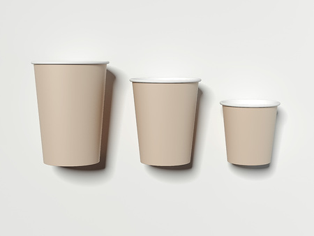 Three brown paper cups on bright background. 3d renderingの写真素材