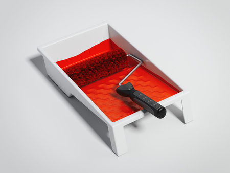 Paint tray and red roller. 3d renderingの写真素材