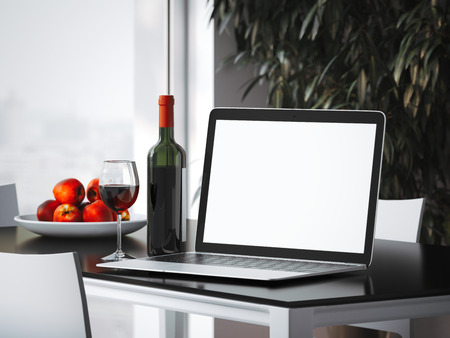 Laptop on the table with bottle. 3d renderingの写真素材