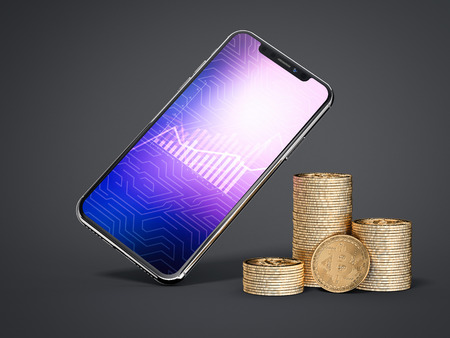 Three stacks of bitcoins and smartphone. 3d renderingの写真素材