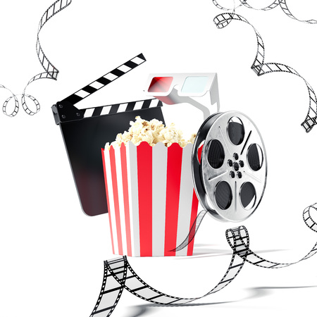 Popcorn, clap movie and film reel. 3d renderingの写真素材