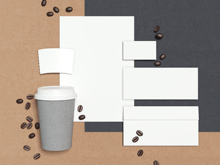 Business mockup with coffee cup and beans. 3d renderingの写真素材